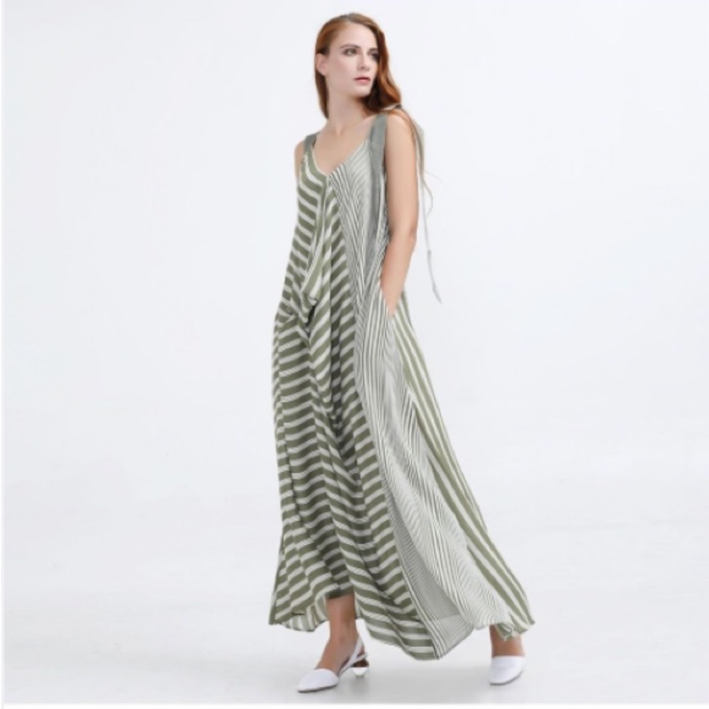 Gabby Isabella Green Stripe/Ribbon Maxi Dress